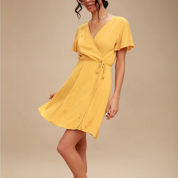 Lulus Mustard Yellow Wrap Dress - Picture 8 of 10